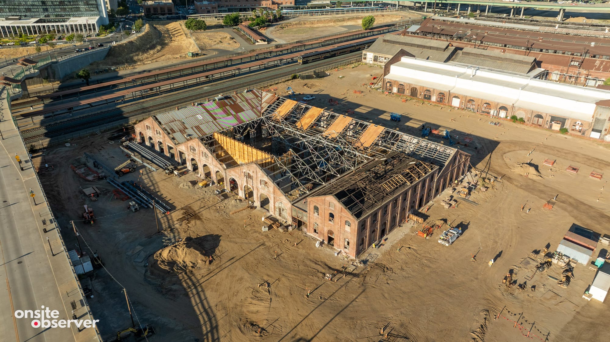 An aerial view shows the historic Paint Shop at the Sacramento Railyards. Image: Onsite Observer.