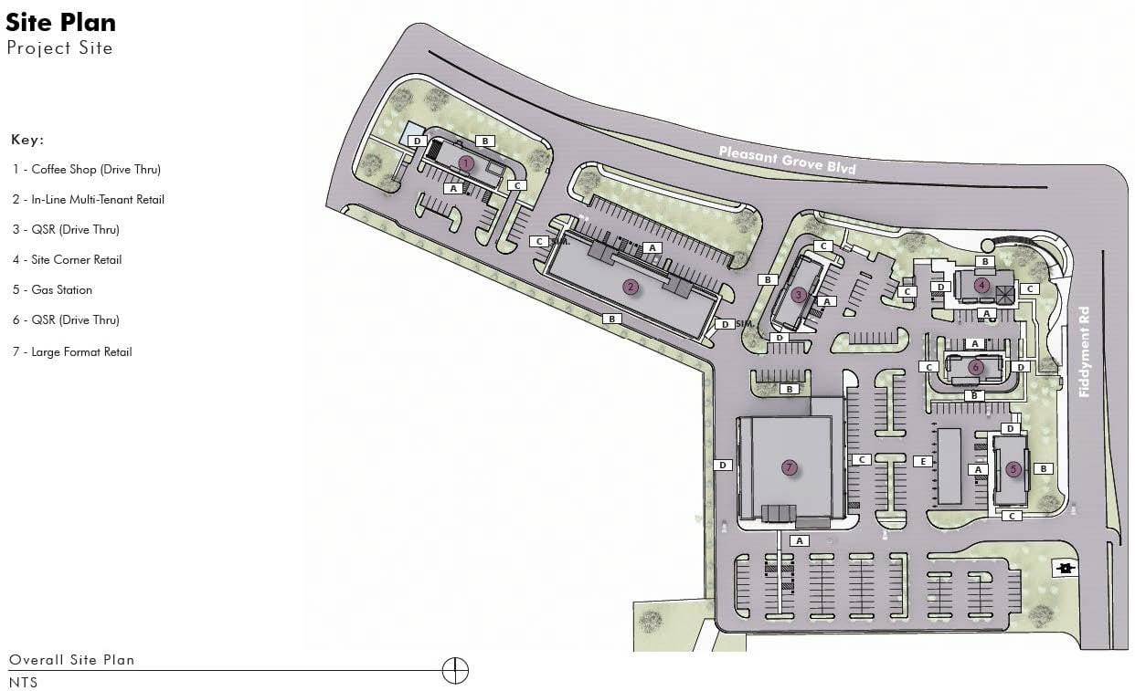 The site plan shows the proposed locations of a grocery store, retail buildings, three drive-through restaurants and a fueling station within the Sierra View Shopping Center.