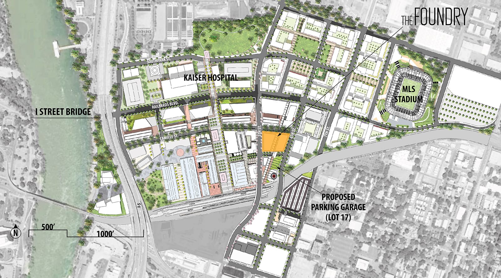 A conceptual site plan shows the planned buildout of the Railyards. Image: Downtown Railyard Venture LLC.