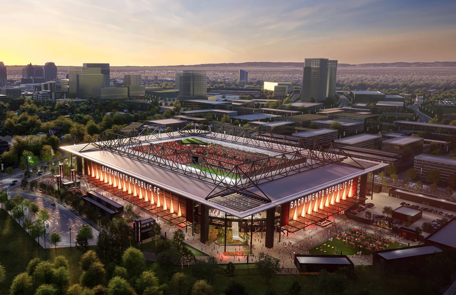 A rendering by MANICA, courtesy of Sacramento Republic FC, shows the planned 20,000-plus-seat Republic Stadium at the Railyards.