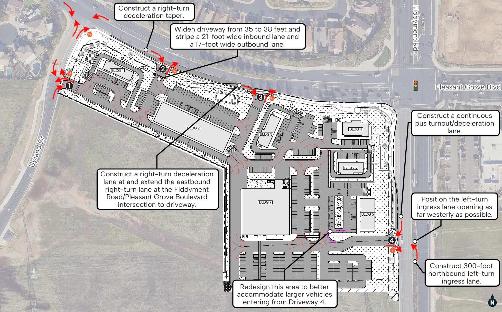 A traffic plan identifies four proposed driveways and the turn-lane, deceleration-lane and bus-turnout improvements planned around the Sierra View Shopping Center.
