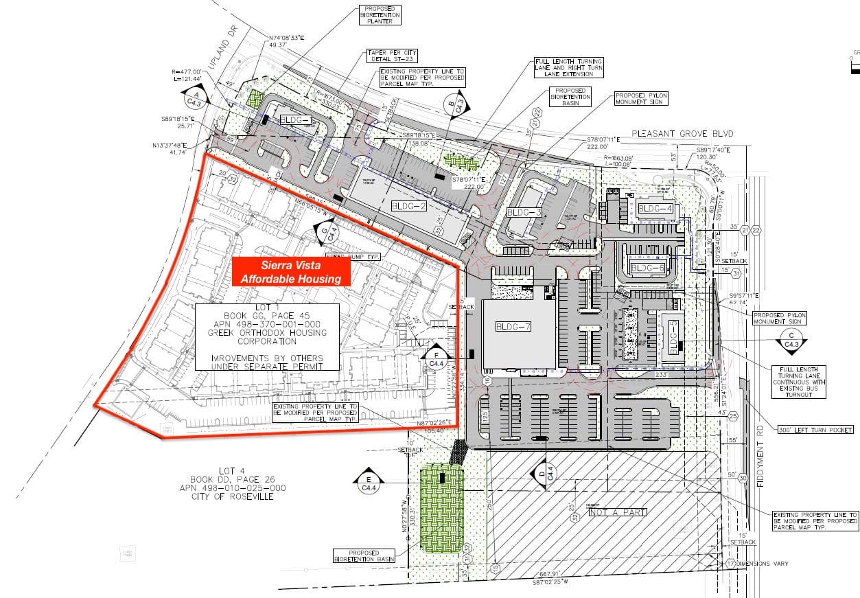 A site plan shows the proposed Sierra View Shopping Center beside the 192-unit Sierra Vista affordable housing development