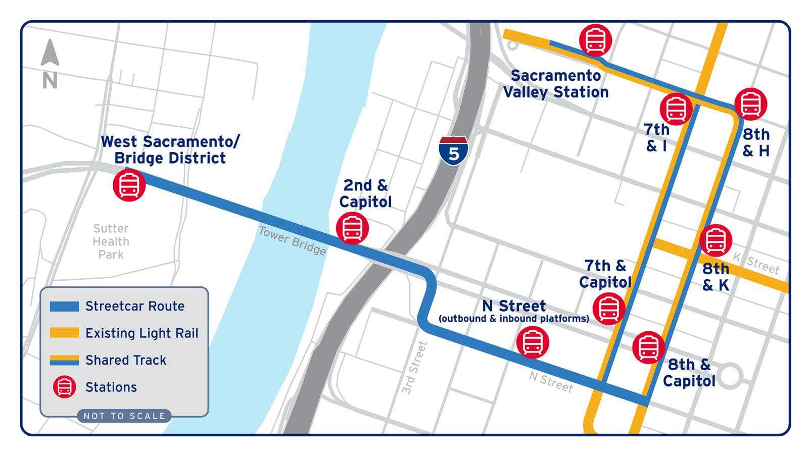 A map shows the proposed Downtown Riverfront Streetcar route connecting West Sacramento’s Bridge District with downtown Sacramento and Sacramento Valley Station. 