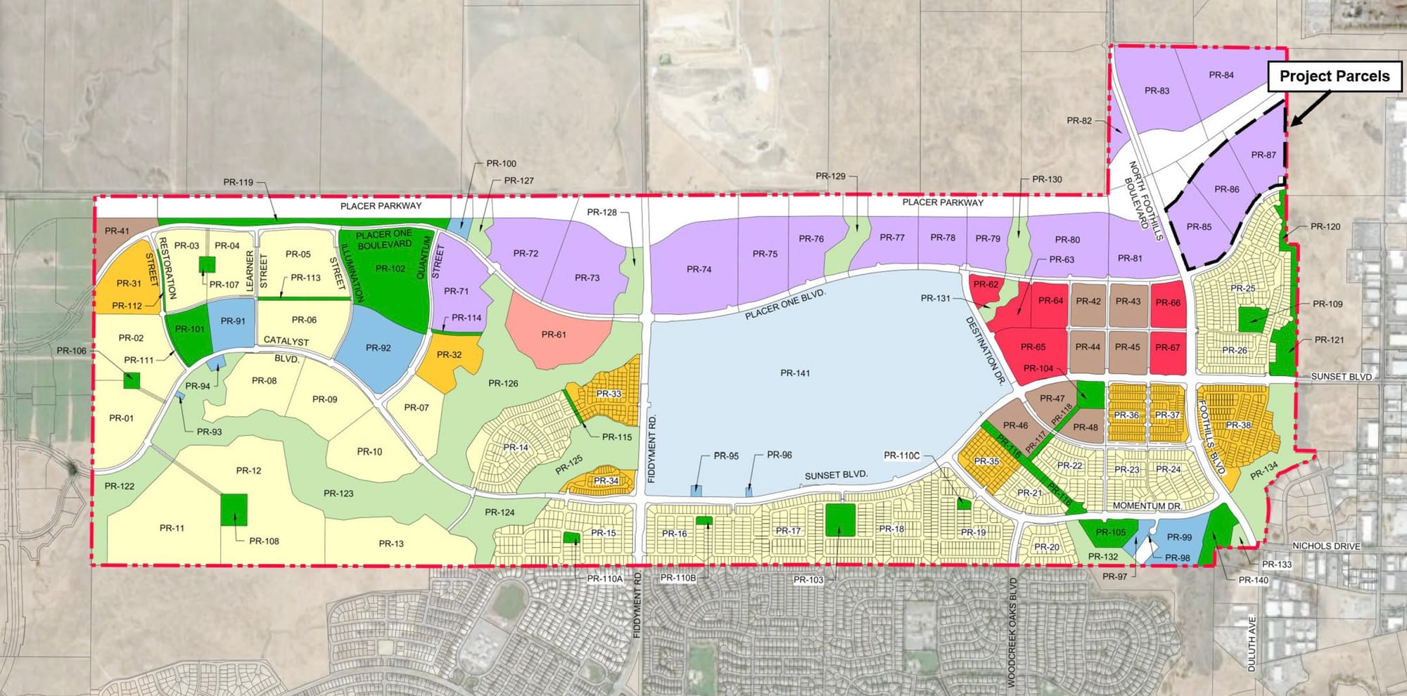 A map identifies the Alchemy Surf Resort project parcels in the northeastern portion of Placer One, east of Foothills Boulevard North and south of the planned Placer Parkway.