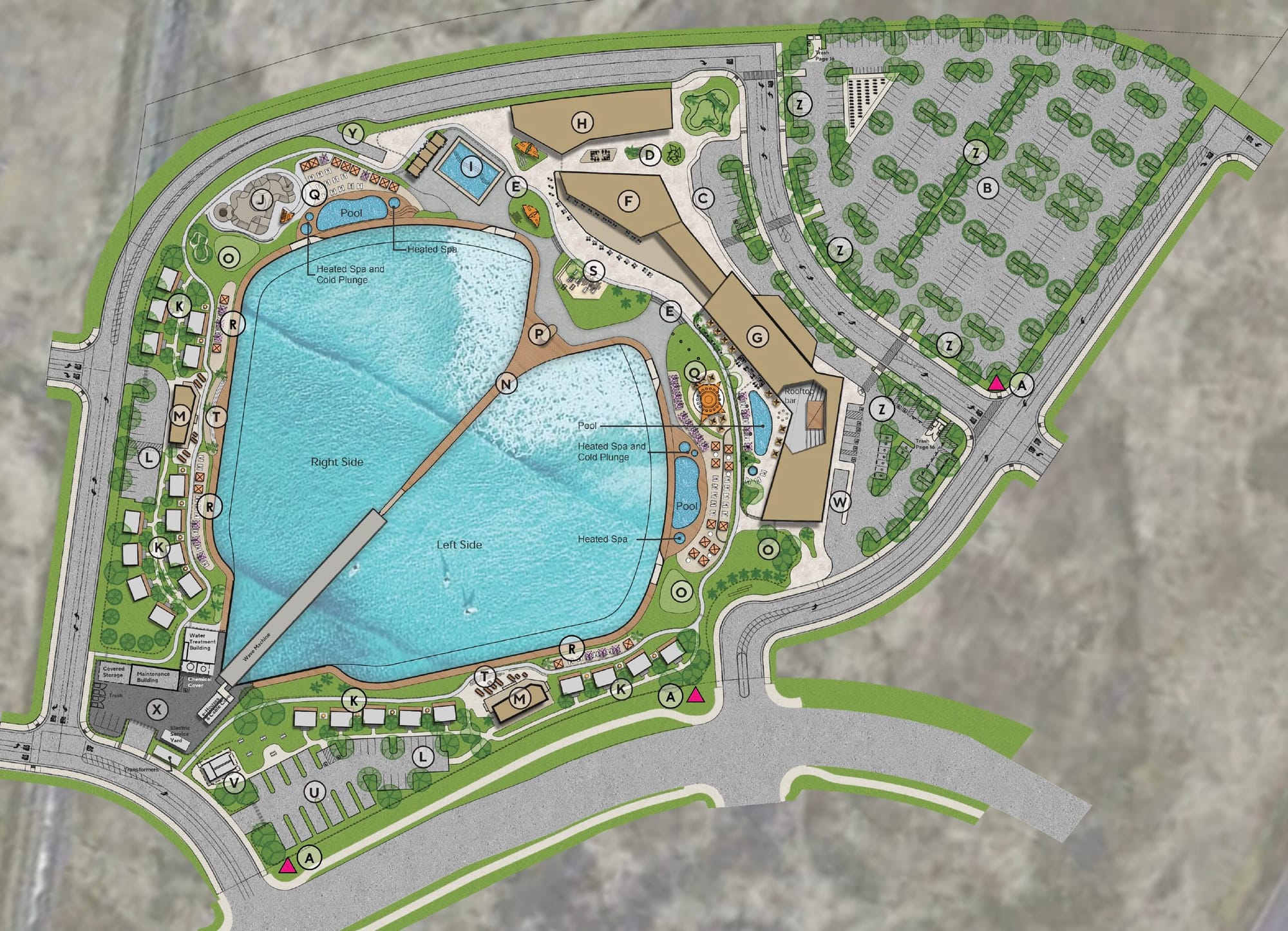 A site plan shows the layout of Alchemy Surf Resort’s five-acre surf lagoon, hotel, bungalows, recreation areas and parking