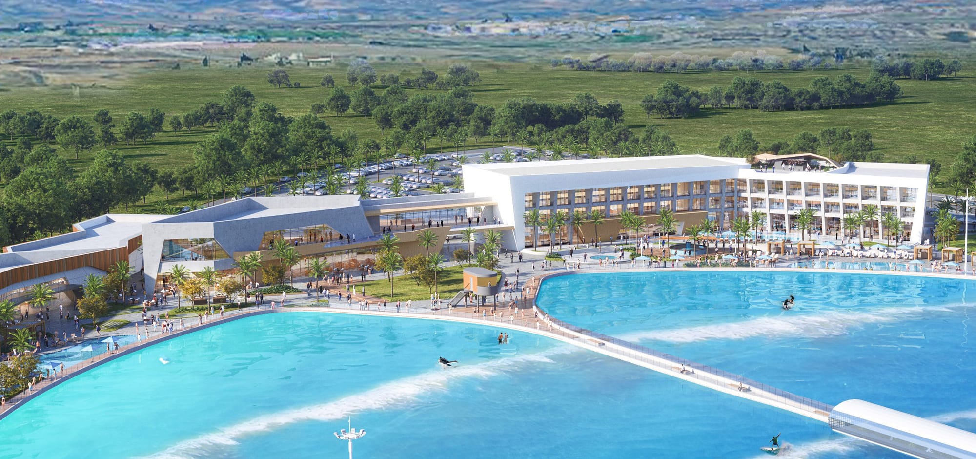 A rendering shows Alchemy Surf Resort’s planned surf center and 100-room hotel overlooking the wave lagoon.