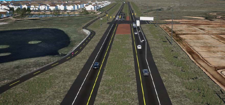 A rendering shows the proposed reconstruction of Grant Line Road, with a median separating opposing traffic, wider shoulders and a separate walking and cycling path.