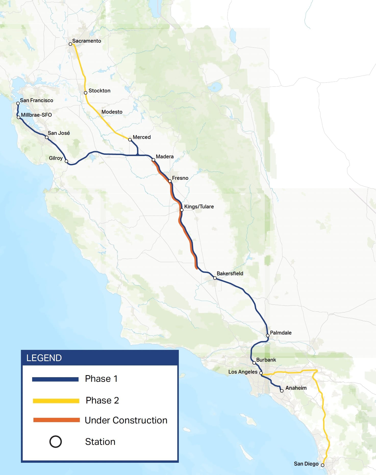 California’s high-speed rail map shows the planned statewide system, including a future extension to Sacramento and the Madera station where Gold Runner passengers could transfer to high-speed trains.