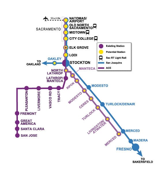 A Valley Rail map produced before Amtrak San Joaquins was renamed Gold Runner shows proposed ACE and Gold Runner routes connecting Sacramento with Stockton, San Jose and communities throughout the Central Valley.