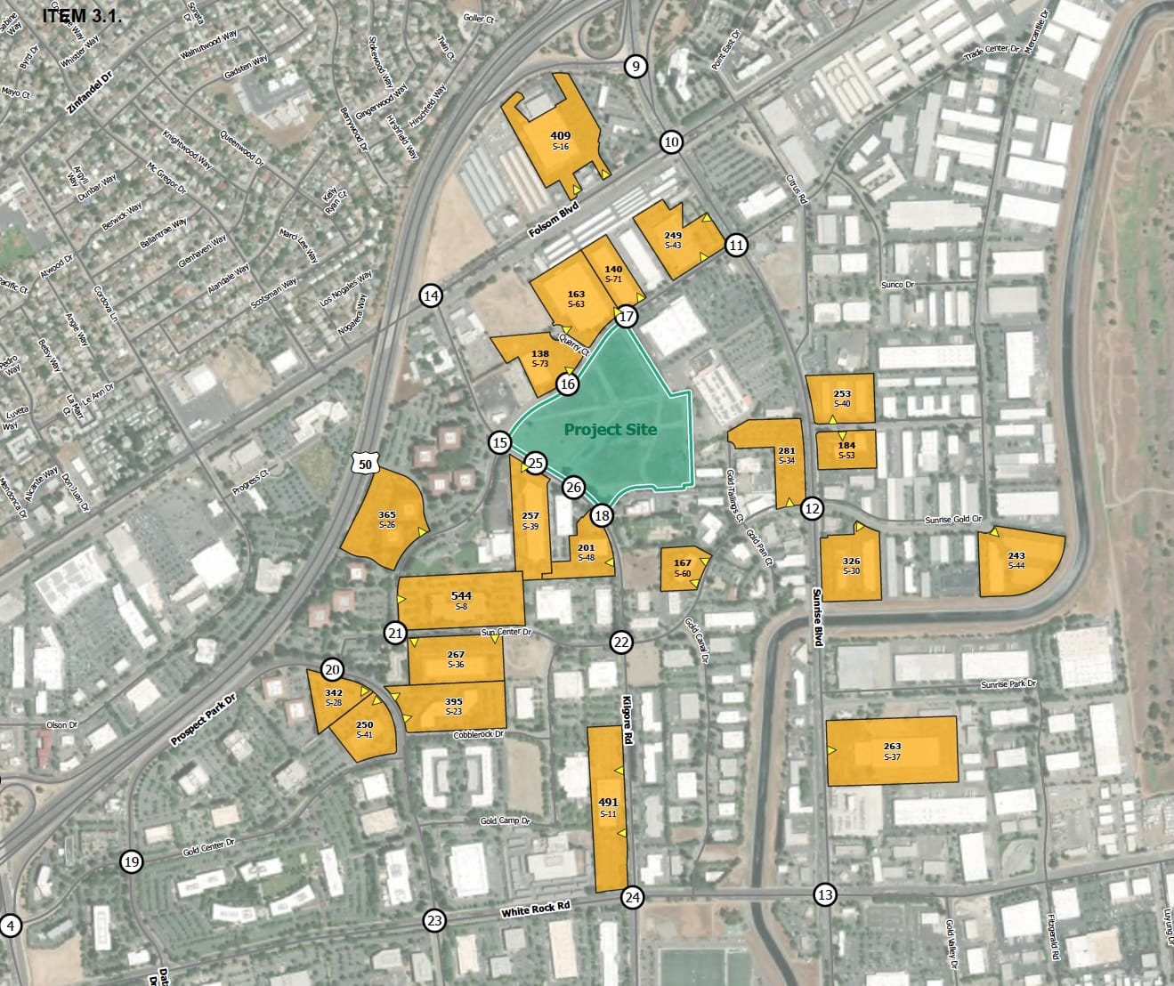 A map identifies potential off-site parking lots in yellow around the proposed Downtown DOVA project site, shown in green, in Rancho Cordova.