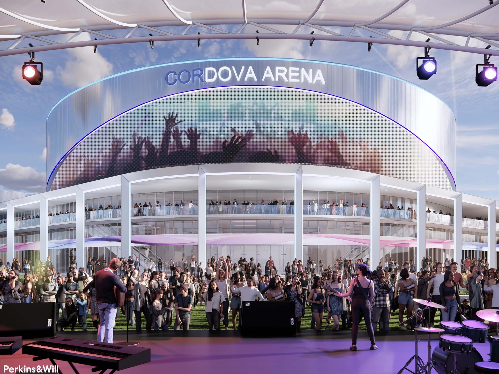 A rendering shows an outdoor concert in the planned public plaza outside Cordova Arena, part of the proposed Downtown DOVA district in Rancho Cordova. 