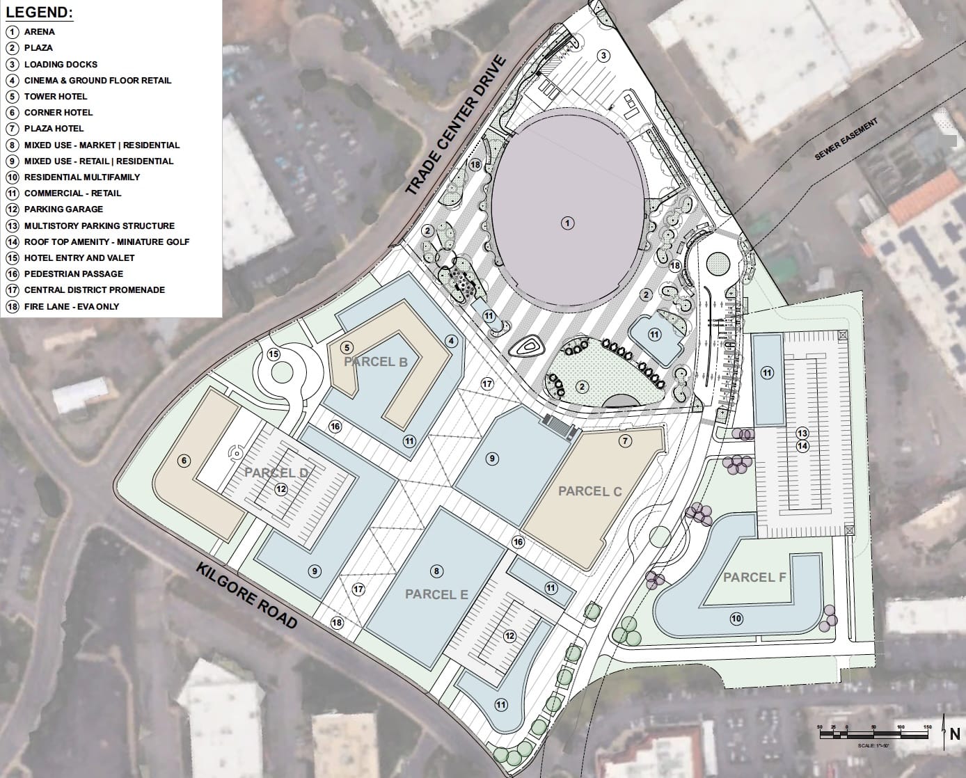 A site plan for the proposed Downtown DOVA district shows the arena, public plazas, hotels, housing, retail and parking structures along Trade Center Drive and Kilgore Road in Rancho Cordova
