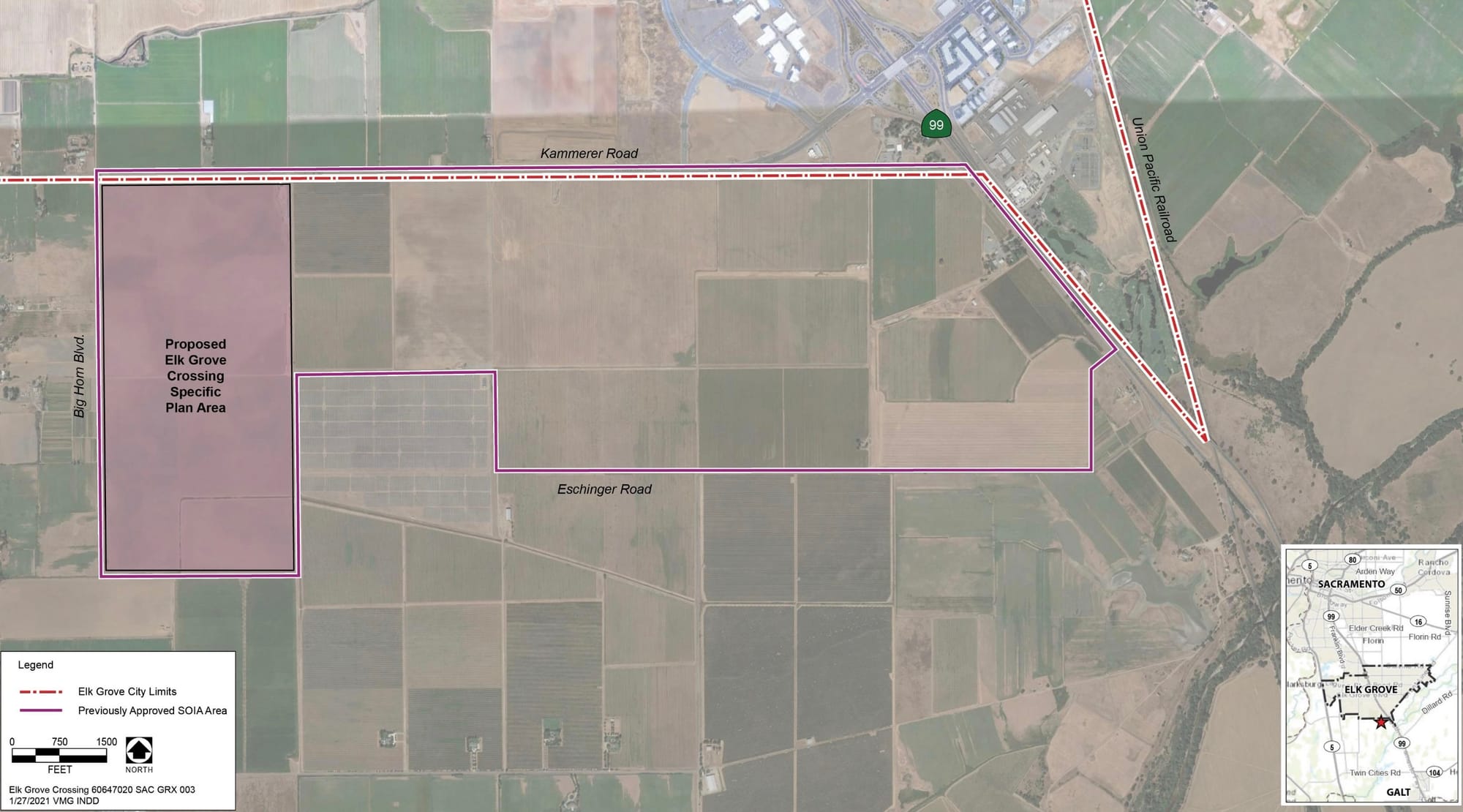 The proposed Elk Grove Crossing site is shaded at left, south of Kammerer Road and immediately west of The Reserve.