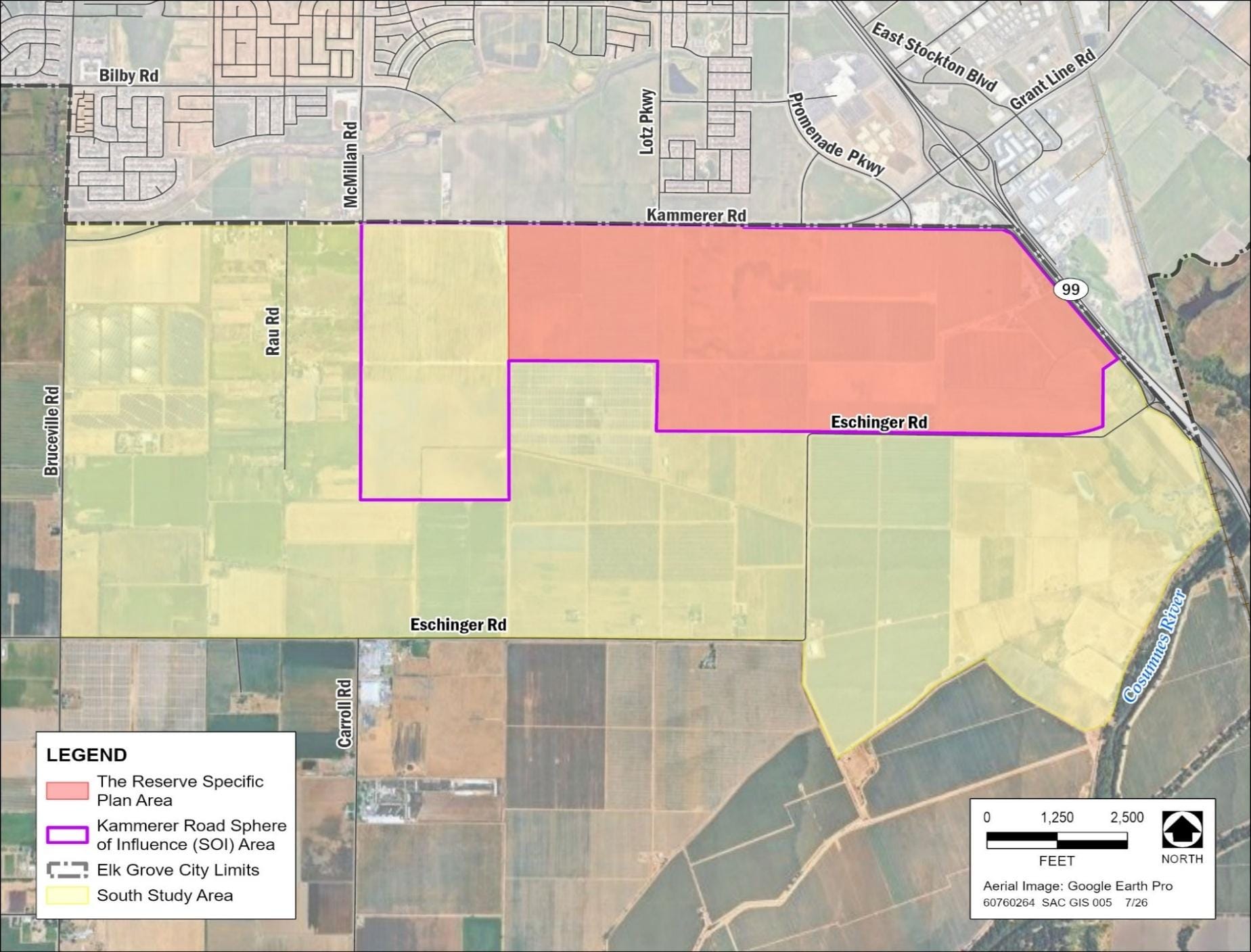 The Reserve’s proposed 850-acre site is shaded in red south of Kammerer Road and west of Highway 99, outside Elk Grove’s city limits. Image: City of Elk Grove.