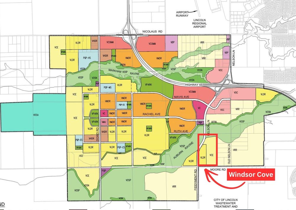A map of Lincoln’s Village 5 Specific Plan highlights the proposed Windsor Cove development near Moore and Fiddyment roads. Image: City of Lincoln.