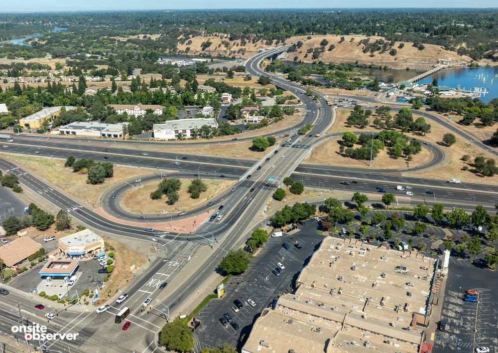 An aerial view of the Hazel Avenue interchange at Highway 50, where Sacramento County plans a multiyear reconstruction of the bridge, ramps and surrounding road network.