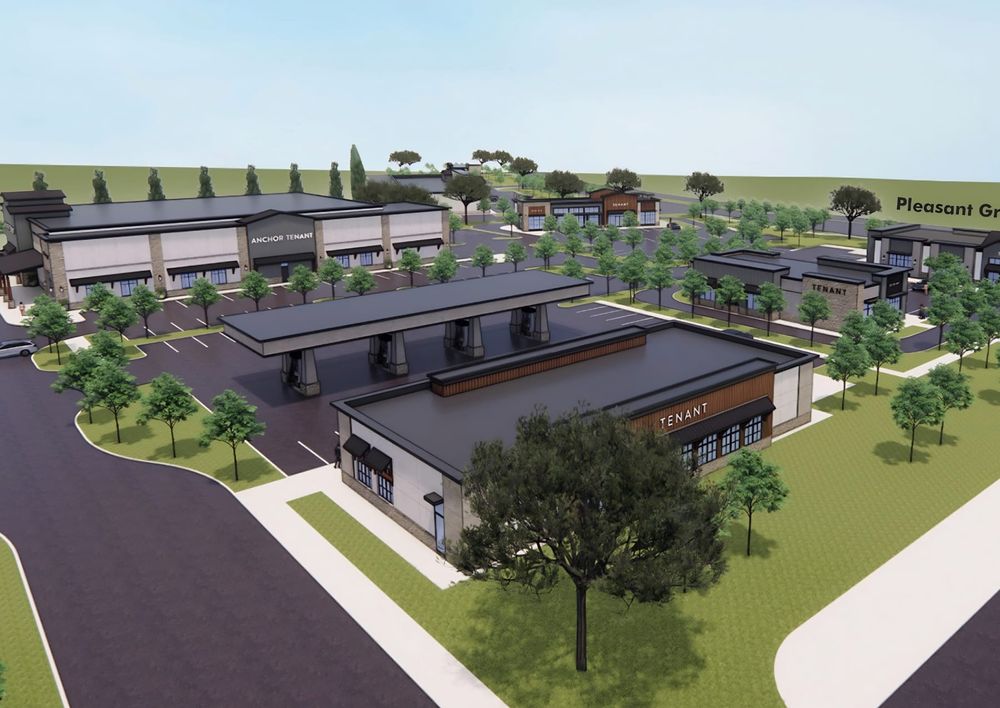 A conceptual rendering shows the proposed Sierra View Shopping Center, a seven-building commercial development planned at Pleasant Grove Boulevard and Fiddyment Road in west Roseville.