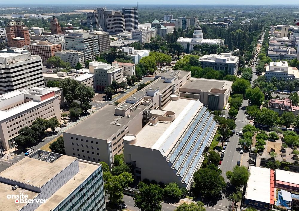 Aerial view of the former Employment Development Department headquarters and its Solar Building annex in downtown Sacramento. The buildings are among three state office buildings proposed for