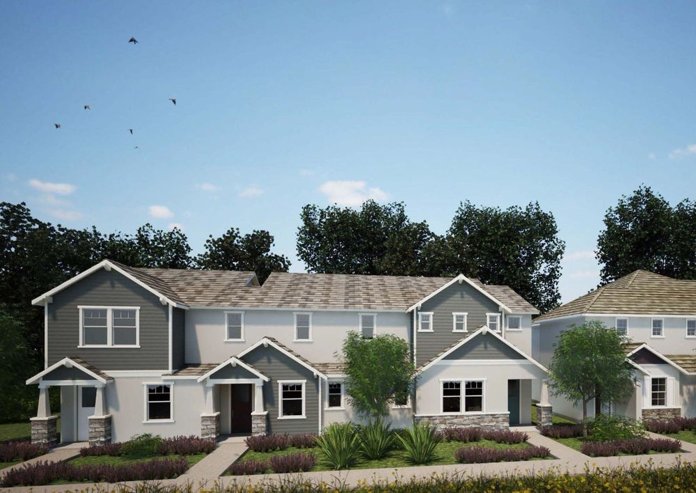 An architectural rendering shows townhomes and landscaped walkways proposed for Dorado Oaks, a 378-home development in Diamond Springs, El Dorado County. 