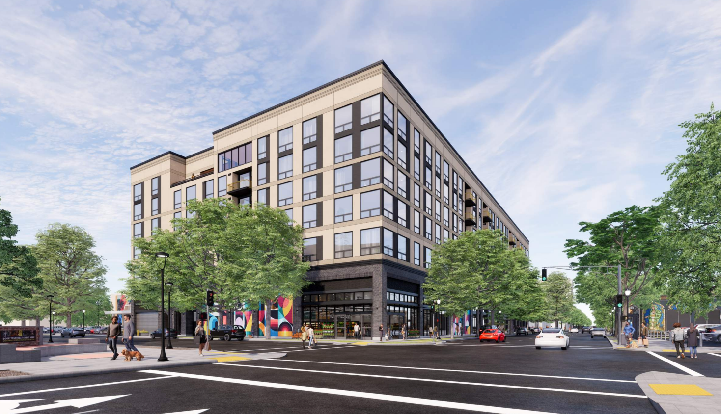 Renderings by C2K Architecture Inc. of the proposed seven-story, 200-unit mixed-use building at 1617 J St.