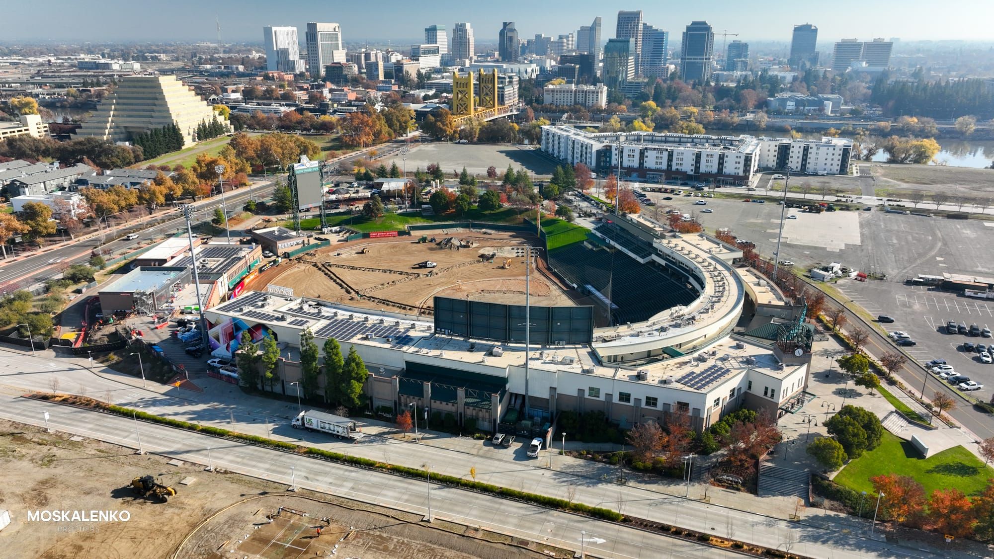 Aerial view of ongoing renovation work at Sutter Health Park in West Sacramento. 