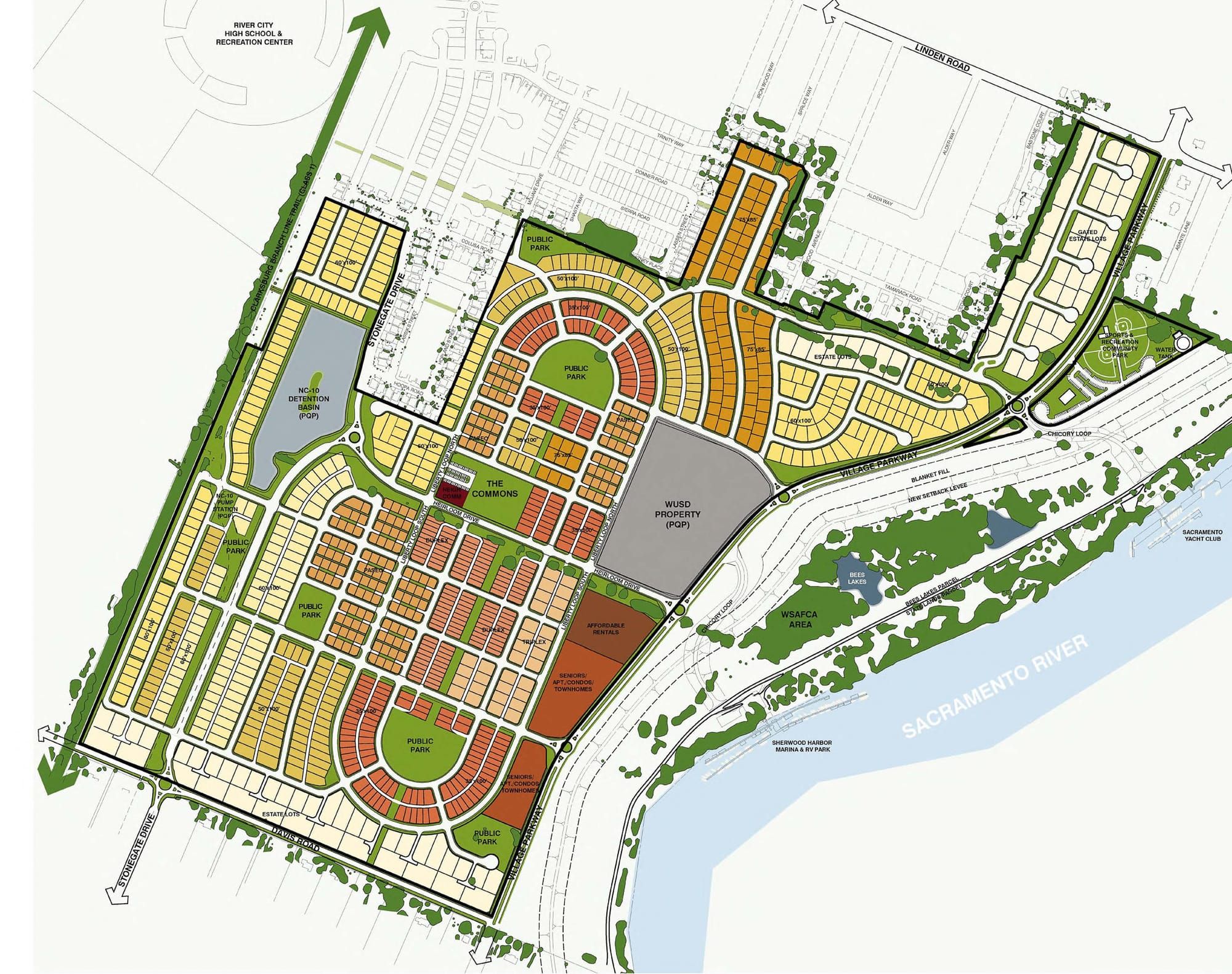 Illustrative site plan of the Liberty Specific Plan, a 1,503-home community spanning approximately 342 acres in West Sacramento. Provided by the City of West Sacramento.