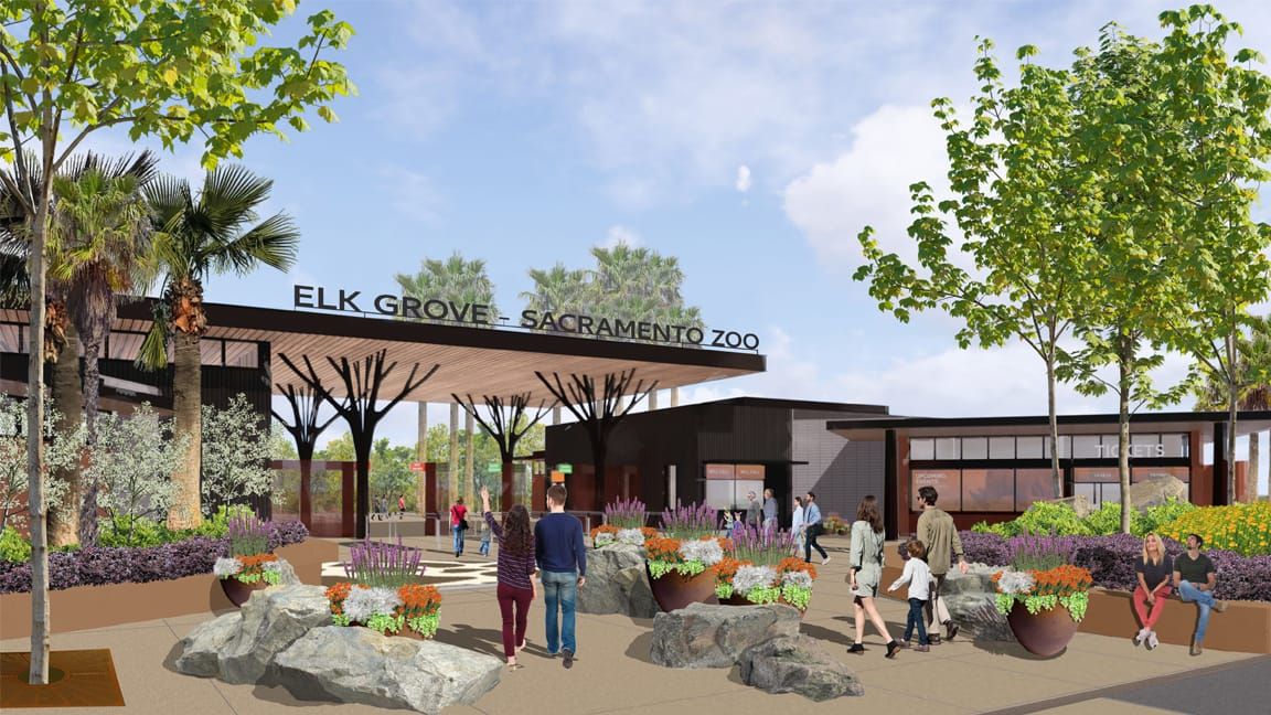 A rendering released by the City of Elk Grove showcases the main entrance with the official name prominently displayed.