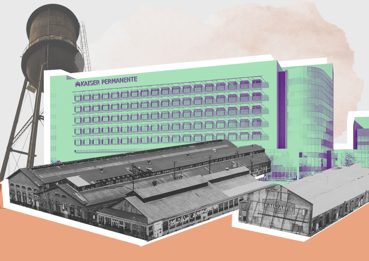 Image featuring historic industrial brick buildings and a water tower, alongside a rendering of the Kaiser Permanente medical center currently under construction.