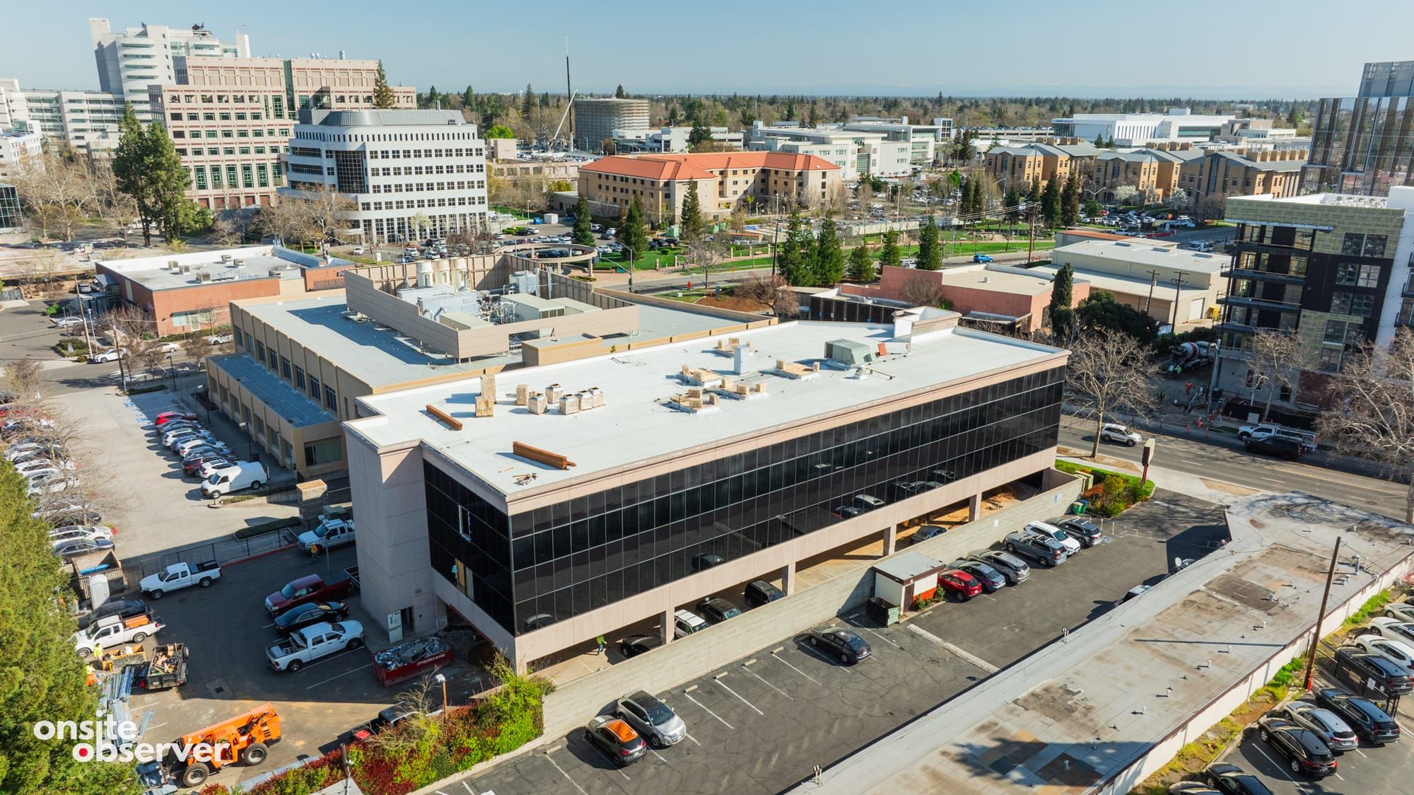 An aerial image of the Ticon III Building at 2730 Stockton Blvd., a 27,000-square-foot structure slated for office-to-residential conversion.