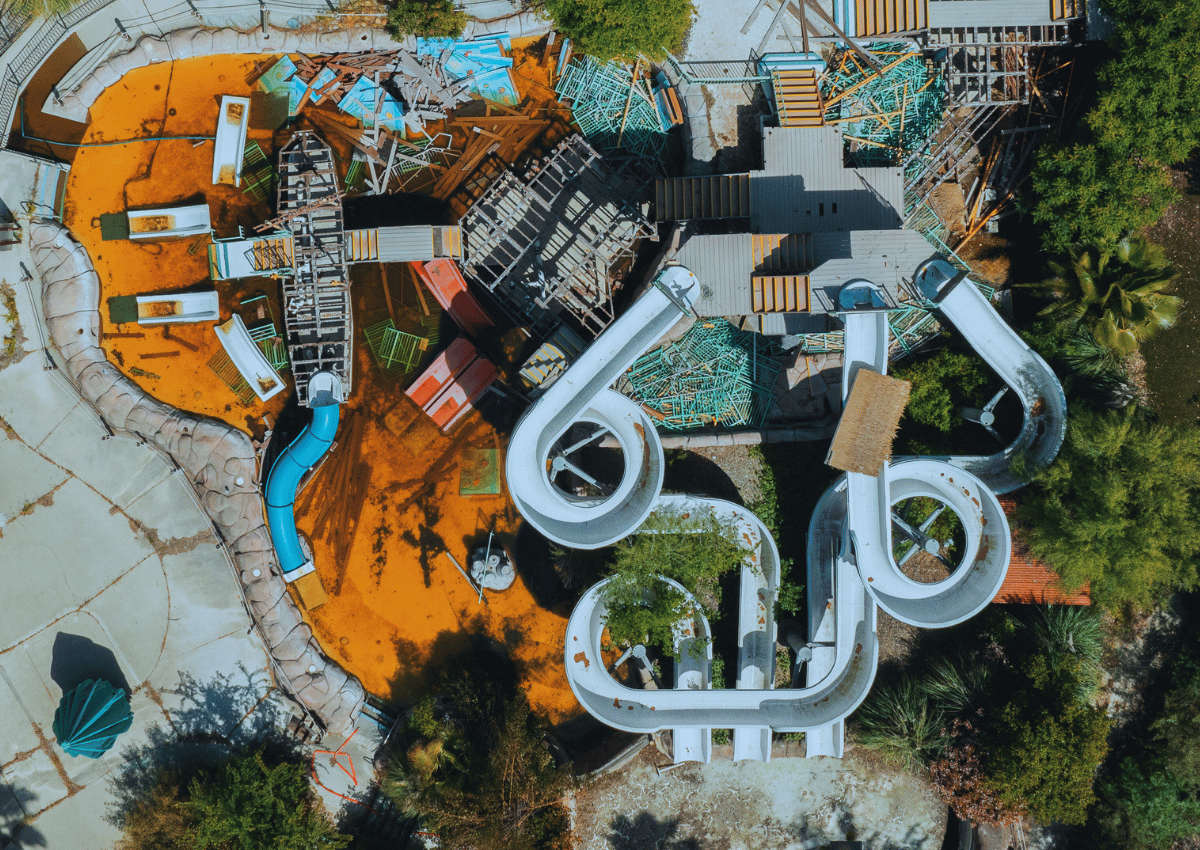 An aerial view of Cal Expo’s abandoned water park, now in the early stages of redevelopment into Calibunga by California Dreamin’.