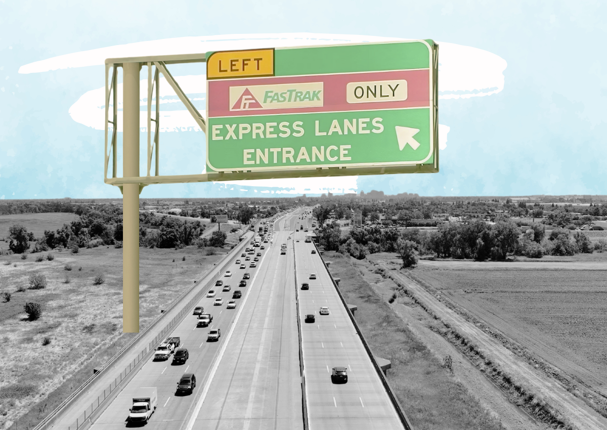 Cover design featuring a large FasTrak road sign overhanging Interstate 80.