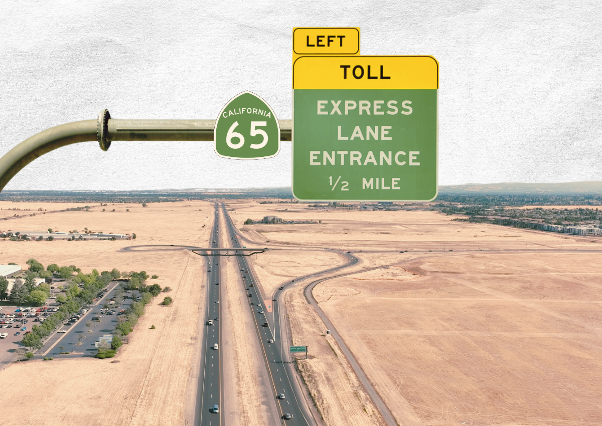Cover design centered on Highway 65 in Placer County, near Whitney Ranch Parkway, with an oversized express lane sign symbolizing the new direction in traffic planning.