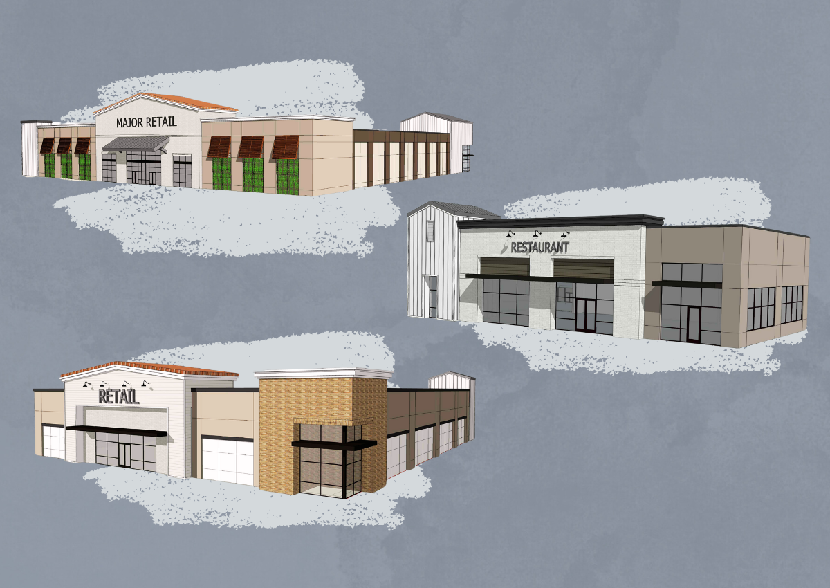 Cover design featuring renderings by Pappas Investments of retail buildings planned for the Twelve Bridges Retail Center project.