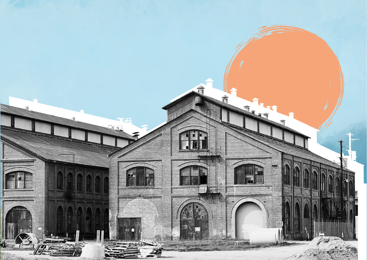 Cover design featuring the historic Central Shops at the Sacramento Railyards.