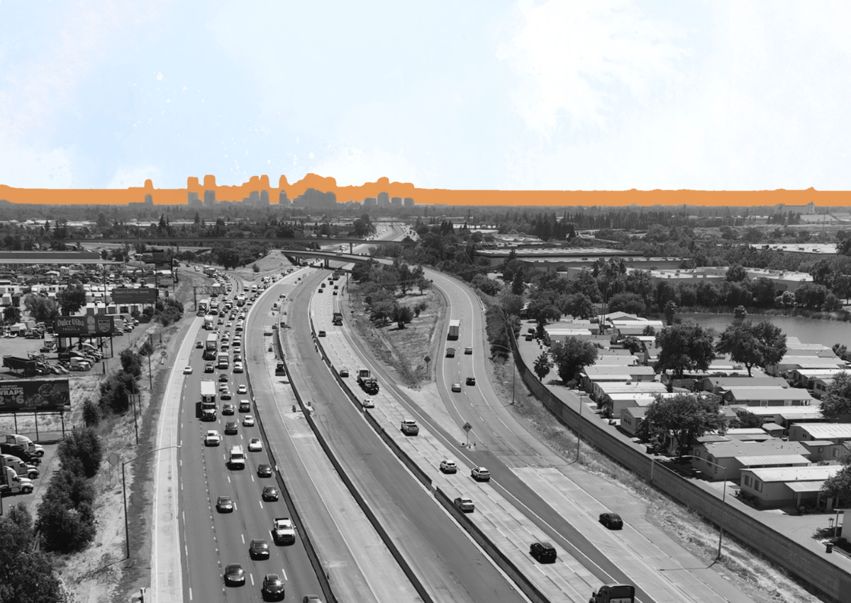 Cover design featuring the I-80 and Highway 50 interchange in West Sacramento, highlighting traffic congestion near the Enterprise Boulevard and West Capitol Avenue exit.