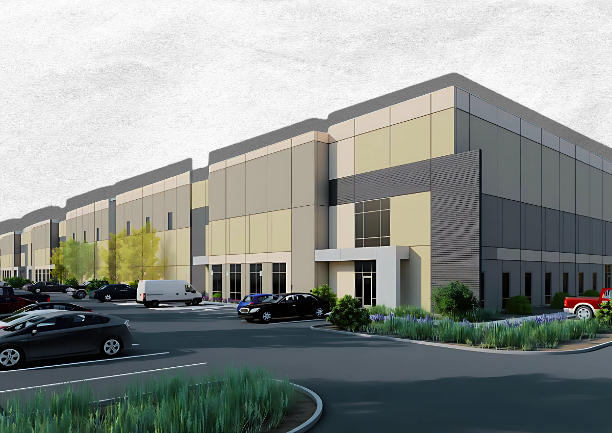 Cover design featuring redering of warehouse facility part of the Airport South Industrial Project. Courtesy of NorthPoint Development. 