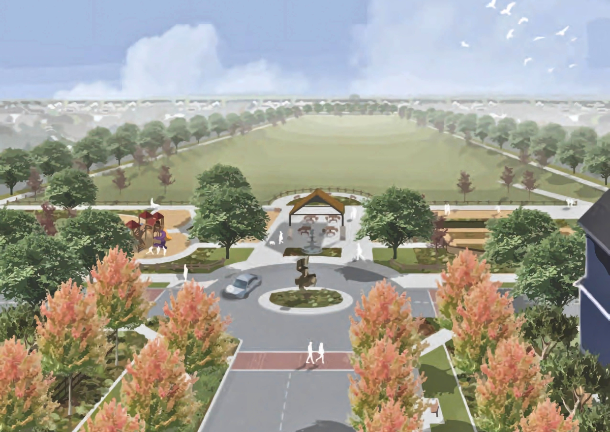 Rendering of Brar Farms featuring the main entrance leading into a central park and seasonal recreation basin. Courtesy of RBS Holdings. 