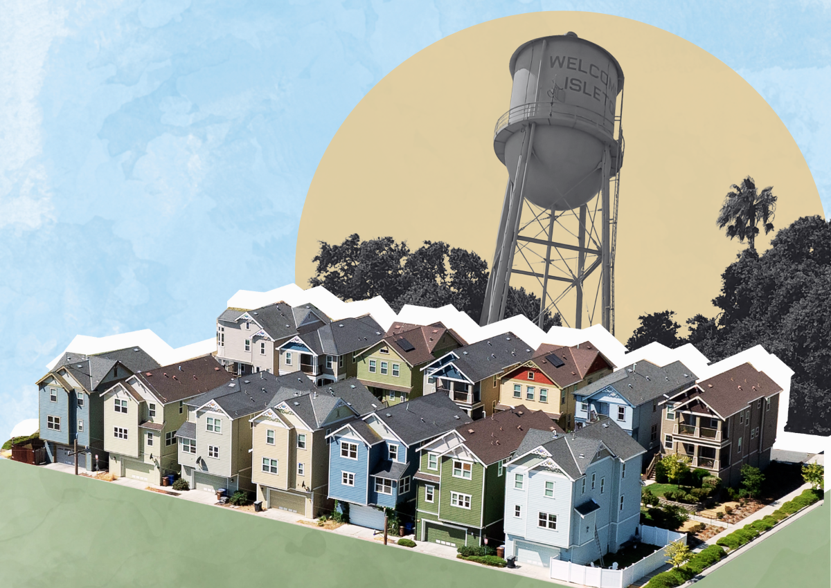 Cover design featuring homes from the Village on the Delta project set against Isleton’s iconic water tower.