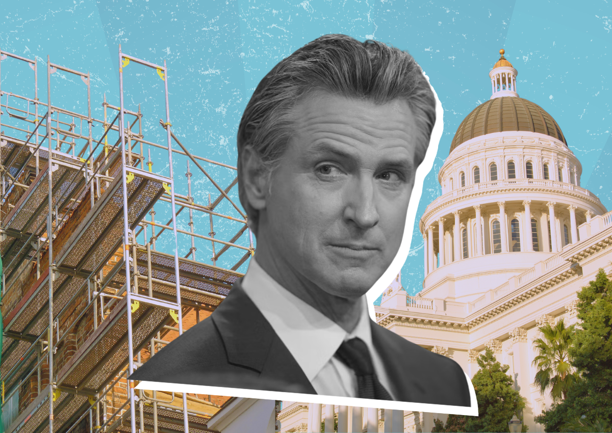 Cover design featuring Governor Gavin Newsom against a backdrop of construction scaffolding and the California State Capitol dome.