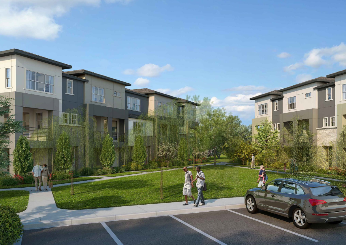 Rendering of Russell Ranch Village 5 in Folsom, showing three-story modern condominiums. Courtesy of Lennar Homes & KTGY.
