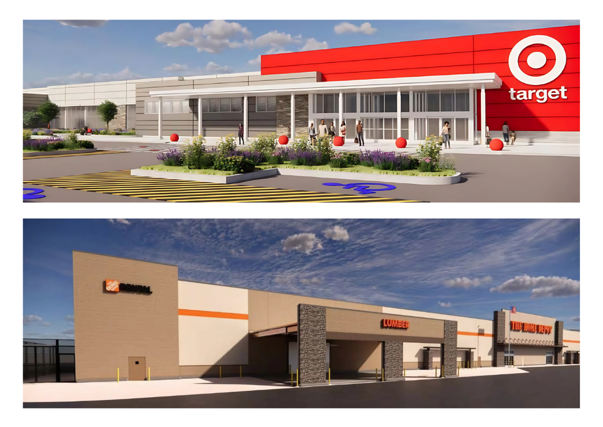 Architectural renderings of the planned Target and Home Depot at Baseline Marketplace. Courtesy of Covenant Real Estate Group.