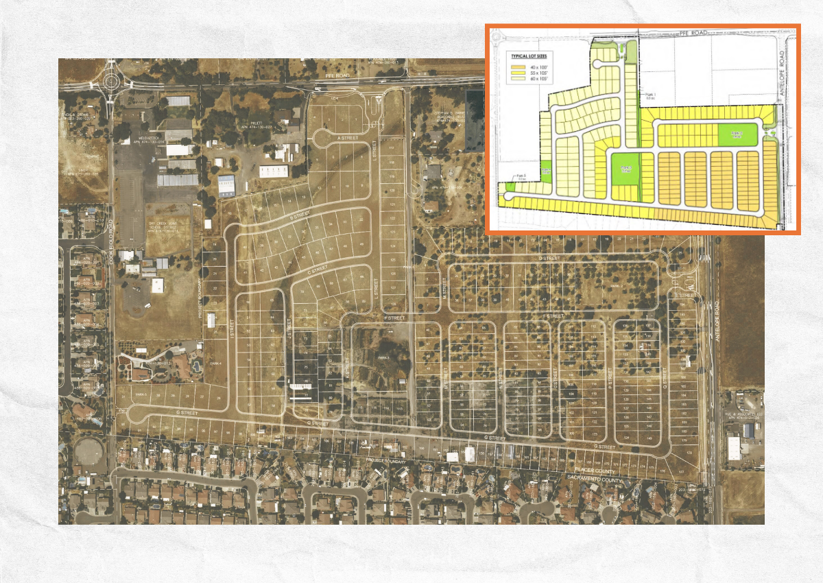 An aerial map shows the Mill Creek subdivision site plan in Placer County, with outlined residential lots, roadways, and parks overlaid on existing land.