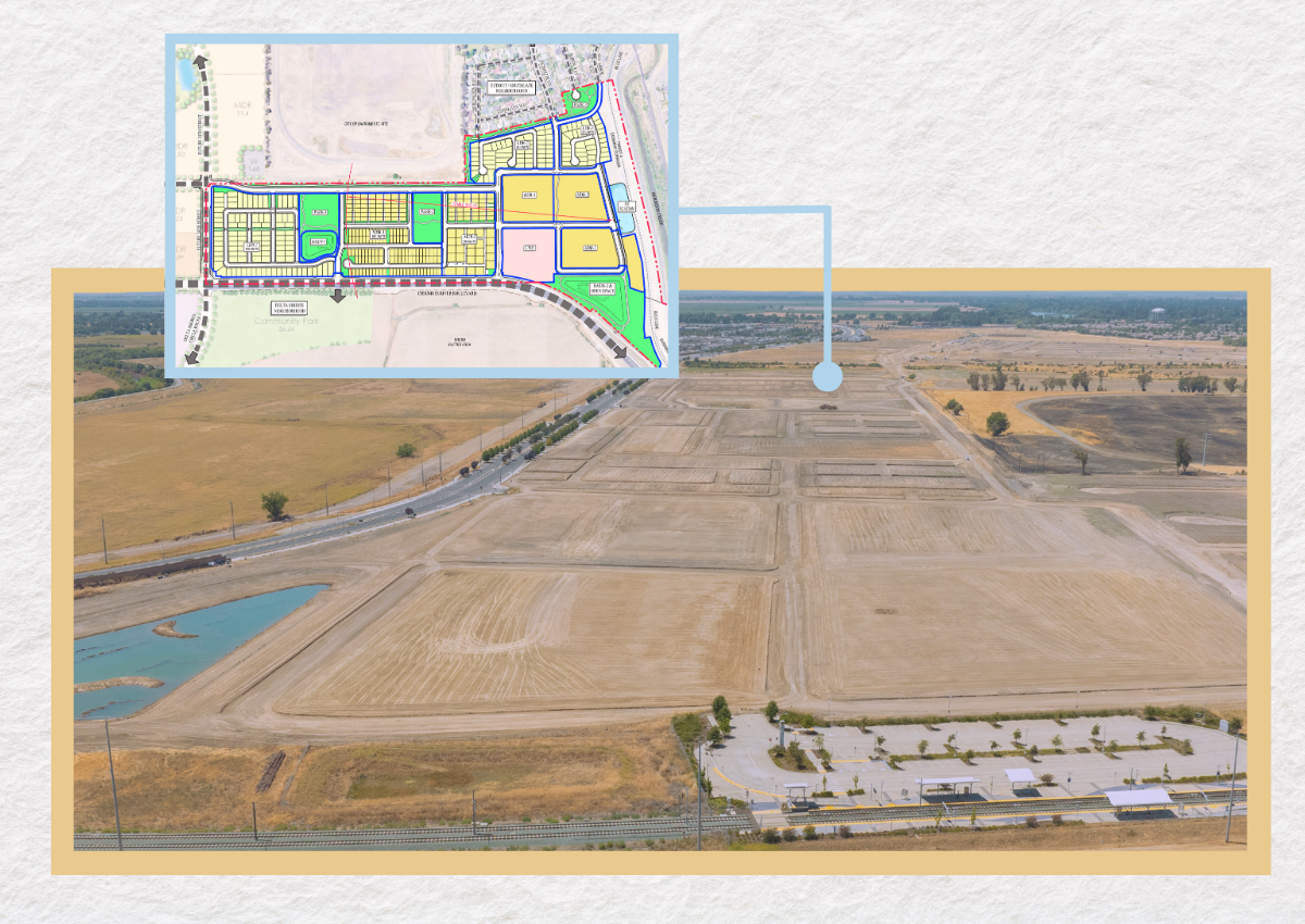 Cover design featuring an aerial view of the Stone Beetland site overlaid with the project's site plan.