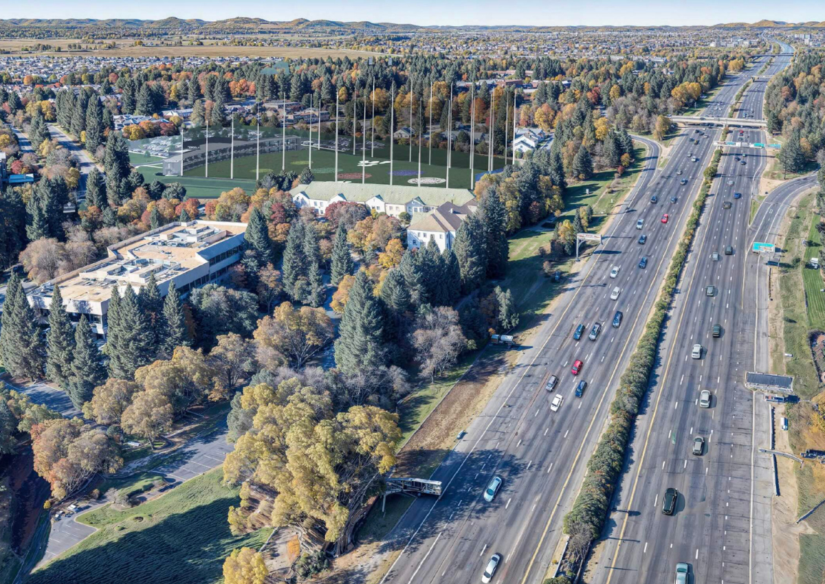 A rendering shows the planned Topgolf facility in South Natomas, with its netting and outfield stretching east toward Interstate 5. Courtesy of Topgolf. 
