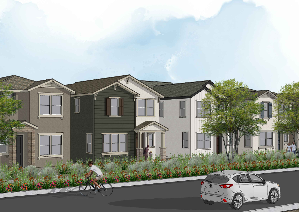 Rendering shows a row of two-story single-family homes planned for Amoruso Ranch Phase 1 Subphase B1. Image courtesy of OAG Architects. 