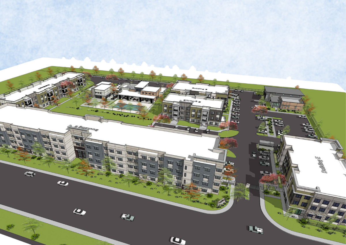 An aerial rendering shows Merriment Village apartments, a proposed 218-unit affordable housing complex in Yuba City. Courtesy of Habitat for Humanity. 