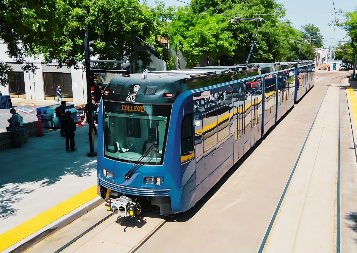 Cover design featuring a Sacramento Regional Transit Blue Line train at station. Image courtesy of SacRT.