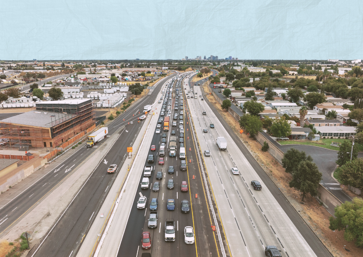 An aerial view of the Yolo 80 express lane construction in Sacramento. 