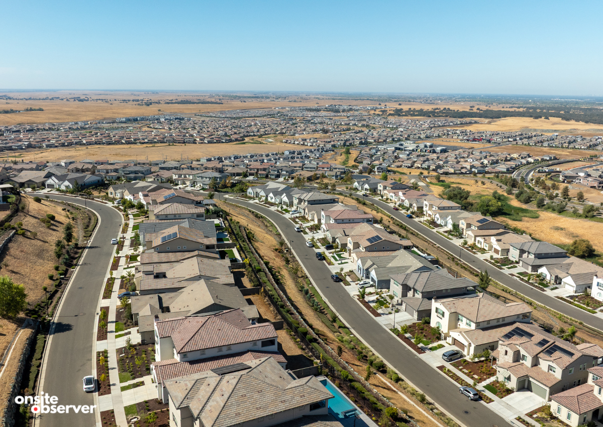 Aerial view of new single-family neighborhoods in Folsom Ranch, where builders could soon face a new per-square-foot fee for affordable housing.