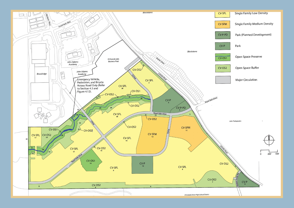 A land use map showing the proposed layout of Creekside Village in El Dorado Hills. Courtesy of El Dorado County.